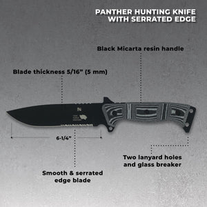 Panther Hunting/Survival Knife - 6” blade – Black-Gray Micarta Handle - Night Camo