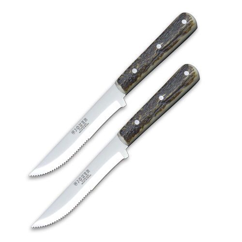 Joker Luxury Country Style Steak Knife - Authentic Stag Horn Handle - Serrated Edge (set of 2)